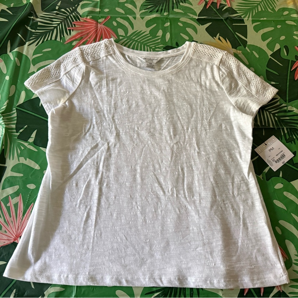 New Liz Claiborne White Short Sleeves Lace Top PM Petite M NWT
